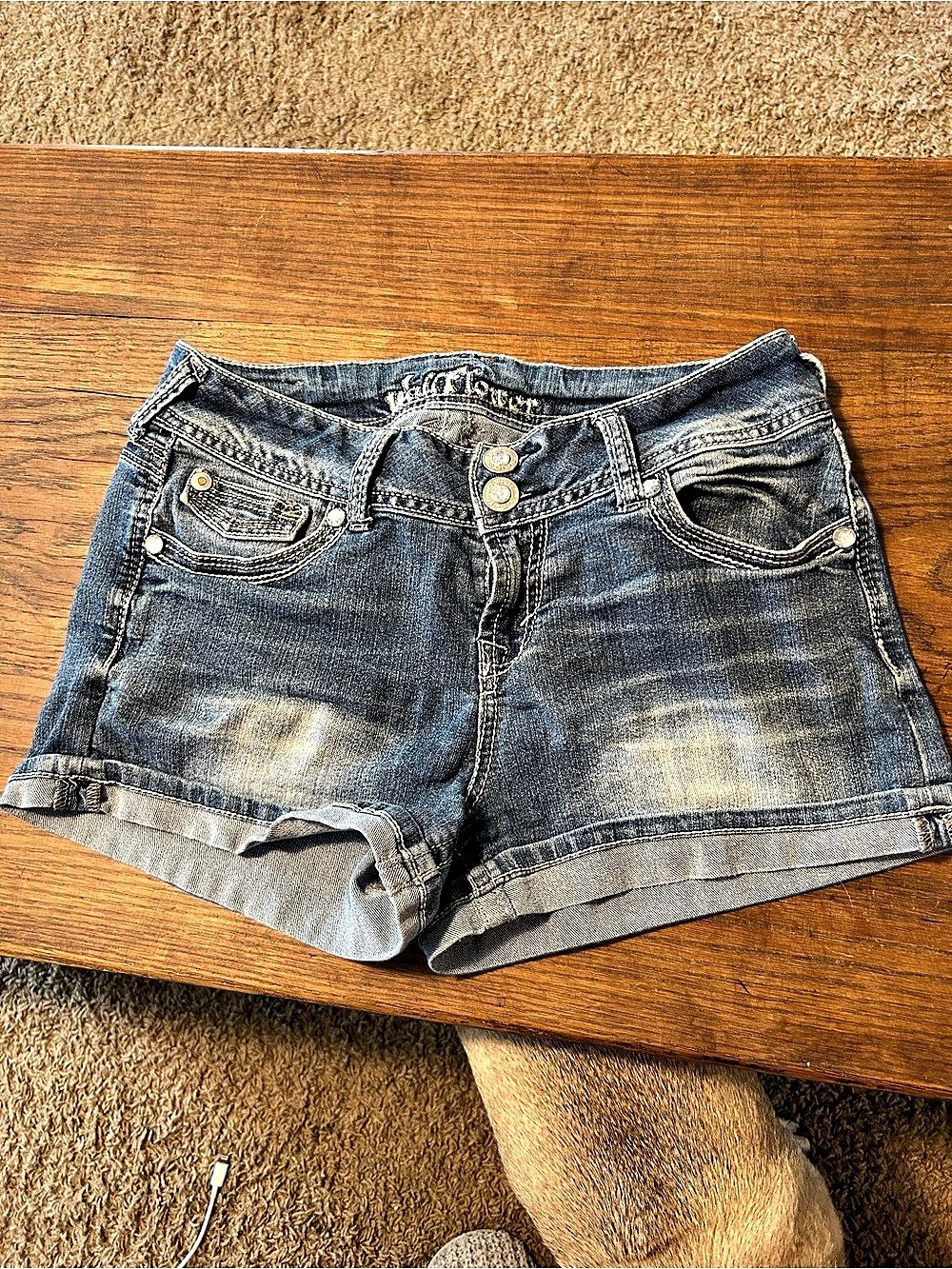 Wallflower Denim Jean Shorts with Rhinestone detail on the back pockets.